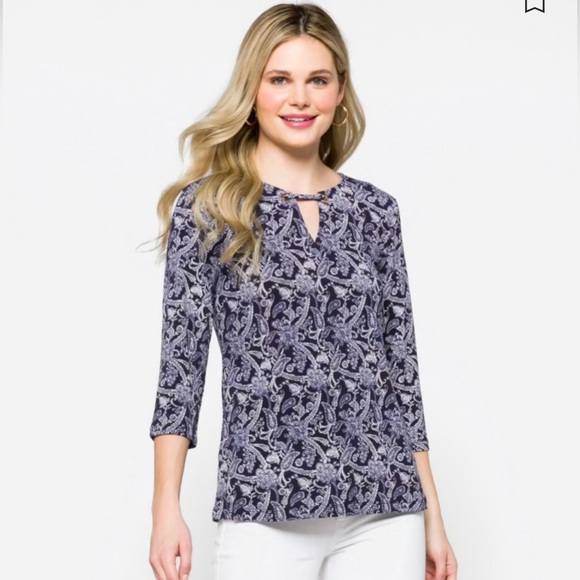 Magnolia Grace - navy 3/4 length sleeve top - keyhole neckline - size L - Picture 1 of 7